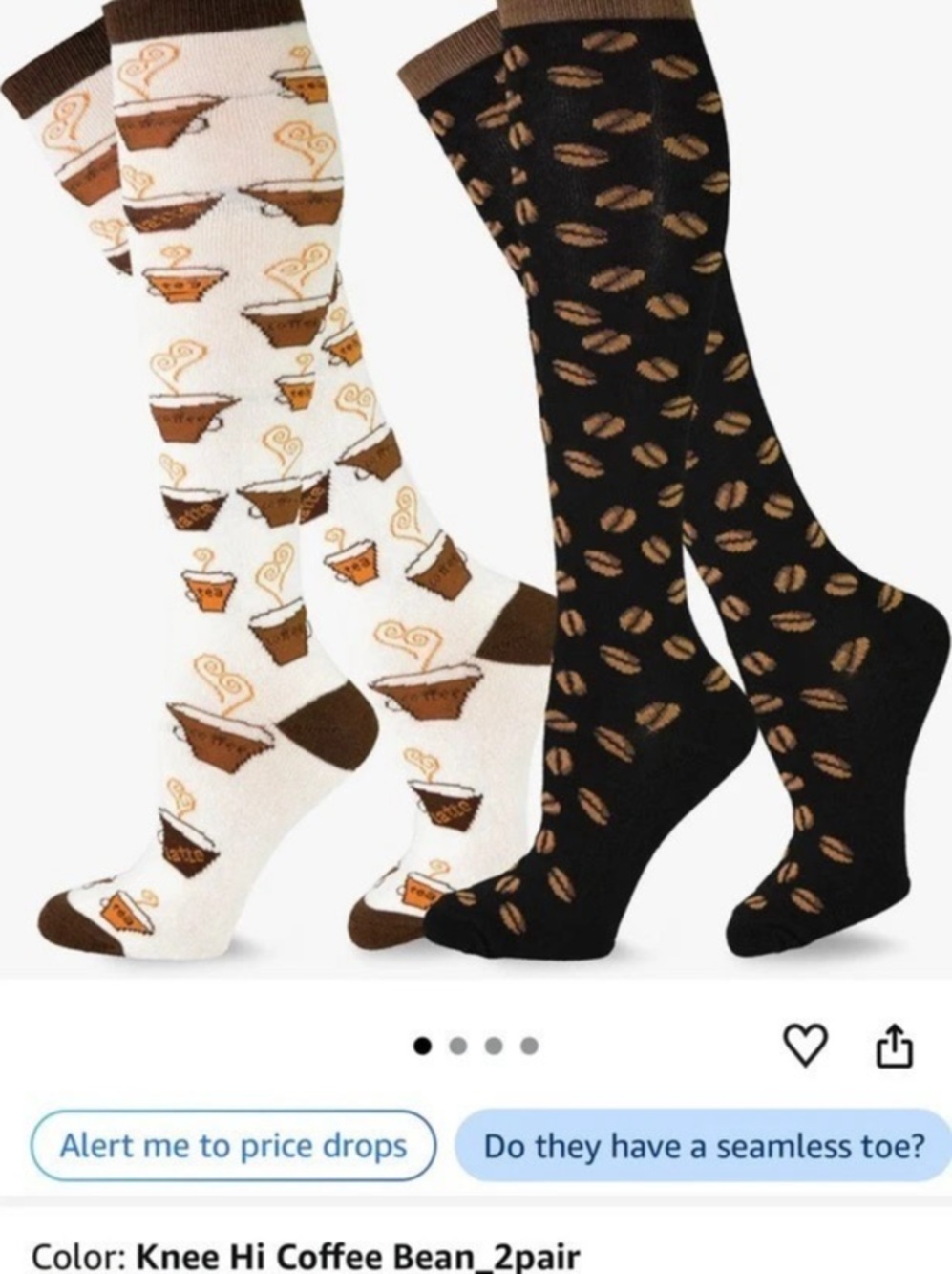TeeHee Women's Foods Knee High Socks 2-Pack Coffee Bean & Coffee